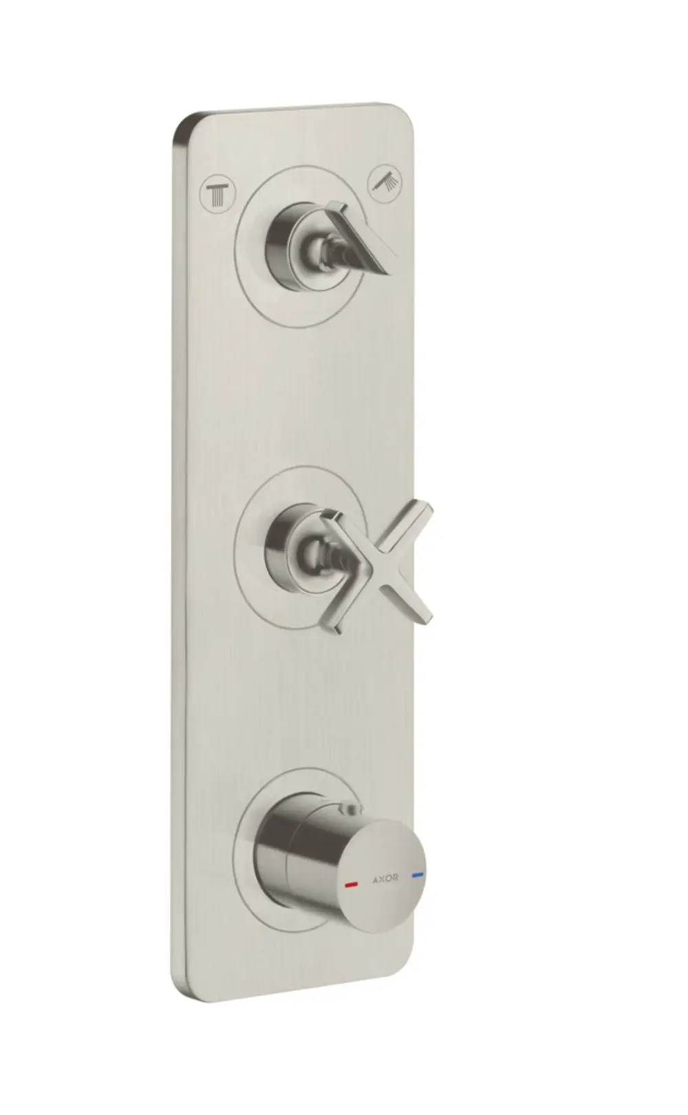 Thermostatmodul mit Edelstahlplatte für die Wandmontage, ausgestattet mit drei Controllern zur Steuerung von Wasserverbrauchern, Markenlogo AXOR sichtbar.